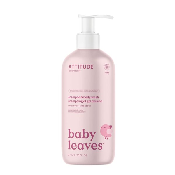 ATTITUDE 2-in-1 Shampoo and Body Wash for Baby, Fragrance-Free EWG Hypoallergenic Plant- and Mineral-Based Ingredients, Vegan and Cruelty-Free, Unscented, 16 Fl Oz