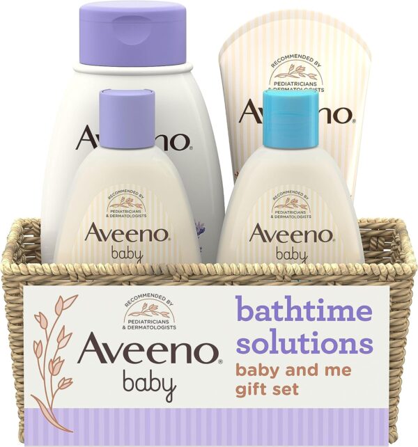 Aveeno Baby Bathtime Solutions Baby & Me Gift Set with Baby Wash & Shampoo, Calming Baby Bath & Wash, Baby Daily Moisturizing Lotion & Stress Relief Body Wash for Mom, Soap-Free, 4 items