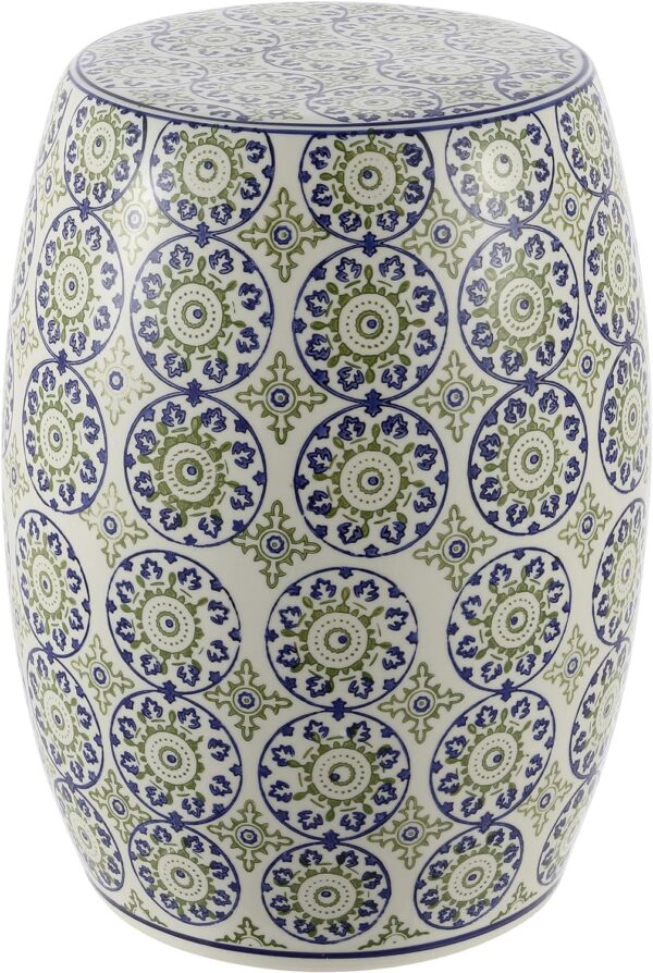 JONATHAN Y TBL1025A Lula 17.25" Suzani Ceramic Garden Stool, Blue/Green, Classic, Coastal, Bohemian, Traditional, Transitional, Mediterranean, Cottage for Living Room, Garden, Outdoor, Home